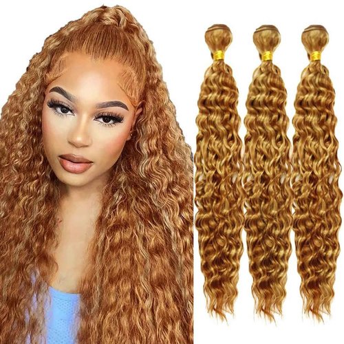 Fabimiya Human Hair Bundles 18 20 22 Inch Light Brown P27/30 Deep Wave Bundles Human Hair 100% Unprocessed Soft Sewn In Hair with Double Weft for Black Women