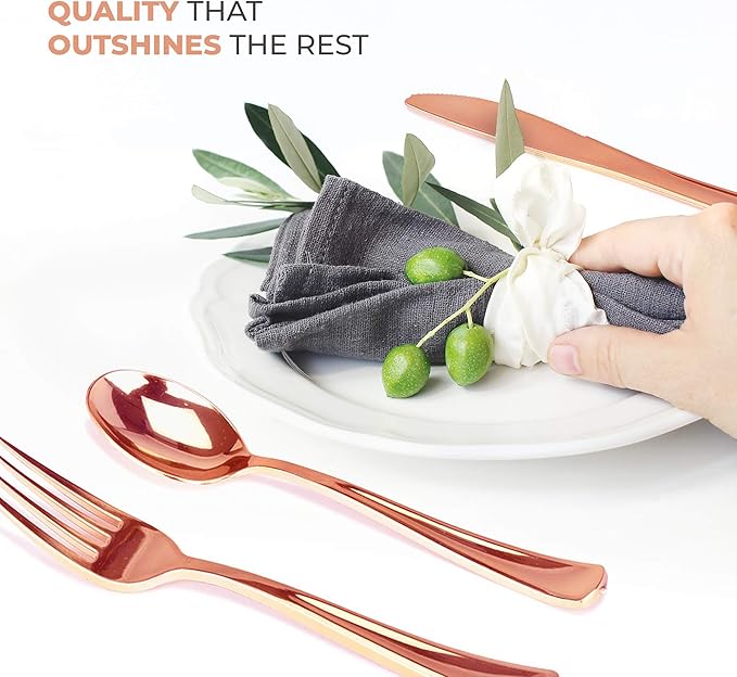 75-Pcs Heavy Duty (Rose Gold) Plastic Silverware Set, Disposable Cutlery Set, Great for Parties, Weddings, and Catering, Flatware Utensils Included: 25 Forks, 25 Spoons, 25 Knives, Packaging May Vary