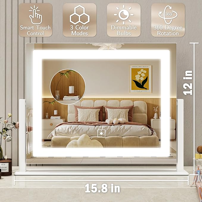16x12 Inch Vanity Mirror with Lights, Lighted Makeup Mirror with 10X Magnification, Smart Touch 3 Colors Dimmable, Dresser Mount, Bathroom (White)