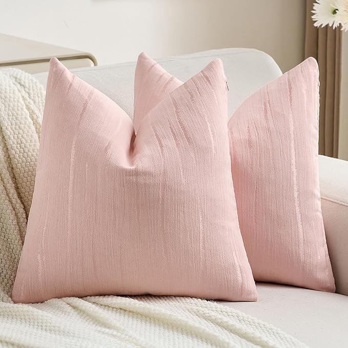 FUTEI Pink Chenille Decorative Throw Pillow Covers 18x18 Inch Set of 2,Soft Embossed Striped Textured Cushion Case,Modern Home Decor for Couch Bed Living Room