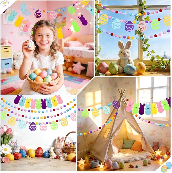 4 Pack Easter Bunny Eggs Pom Pom Garlands Decoration, Colorful Felt Rabbit Hanging Banner Decor Garland Ornaments for Easter Day Home Decor Outdoor Party Hanging Supplies