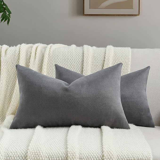 FUTEI Dark Grey Chenille Throw Pillow Covers 12x20 Inch Set of 2,Soft Wide Chevron Textured Lumbar Pillow Cases,Farmhouse Home Decor for Couch Bed Living Room
