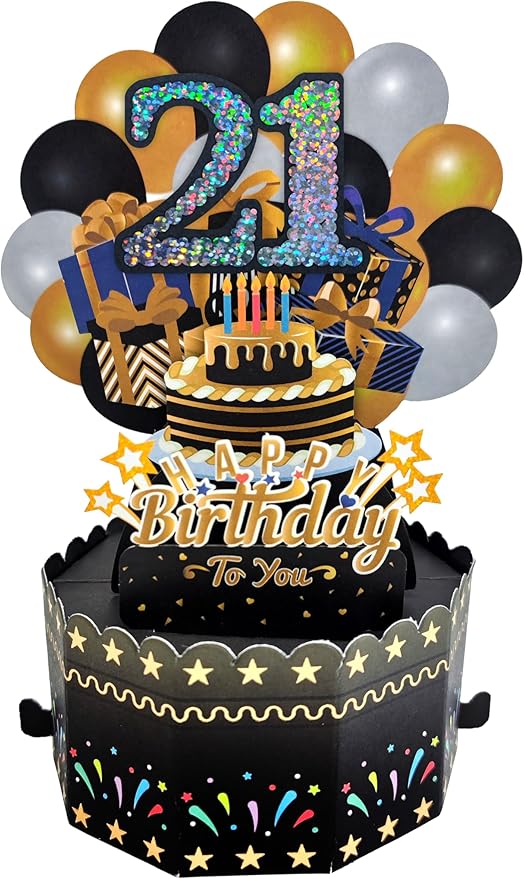 21st Birthday Cards 3D Popup Birthday Greeting Cards - Birthday Greeting Card for Girls and Boys, with Blank Note and Envelope Included (Black Gold)