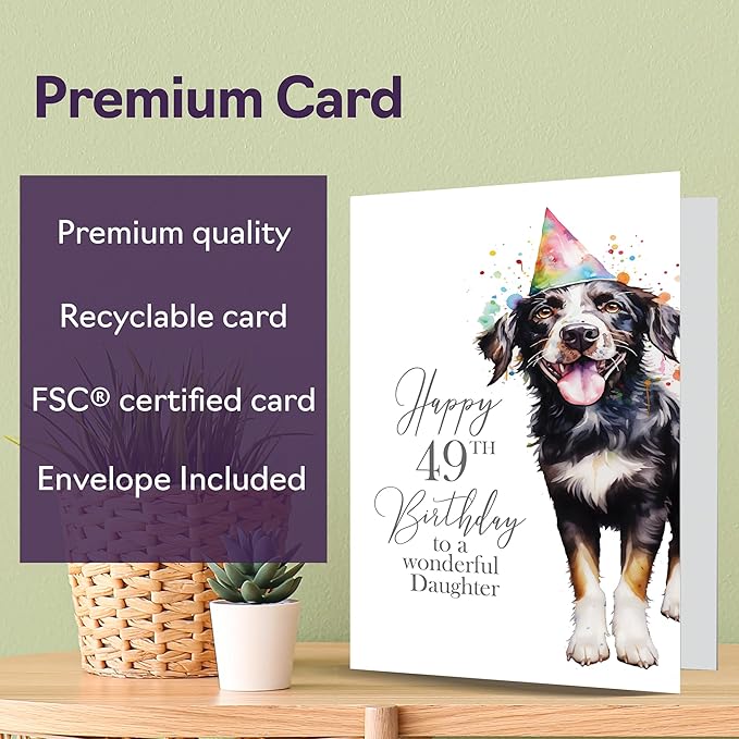 49th Birthday Cards for Daughter - Party Dog - Happy Birthday Card for 49 Year Old Daughter from Mum Dad, 5x7 Inch Bday Woman Women Her Greeting Cards Gift for Daughter Birthday Gifts