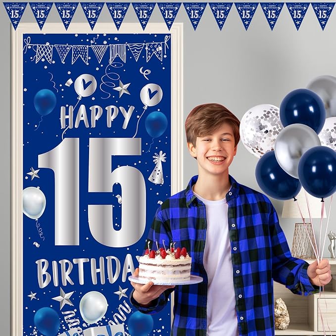 15th Birthday Decorations for Boys Girls, Blue Silver 15th Birthday Decorations Backdrop Banner, Happy 15th Birthday Tablecloth, Number 15 Hanging Swirls, Triangle Flag, 15 Years Old Party Supplies