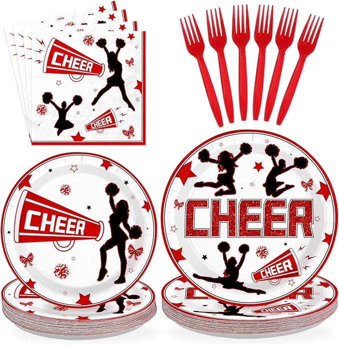 96Pcs Cheerleading Party Supplies Cheerleader and Loudspeaker Plates and Napkins Red Black White Cheerleader Tableware Set for Team Cheer Sports Gymnastics Birthday Party Supplies，Serves 24