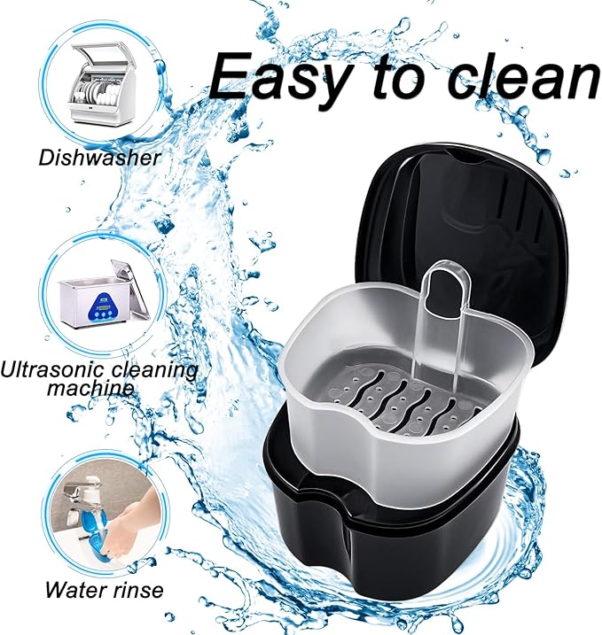 Keedolla 2 Pack Denture Bath Case Partial Denture Cup Retainer Cleaning Container, Denture Wash Container Retainer Bath Box Cup Case - Black and White