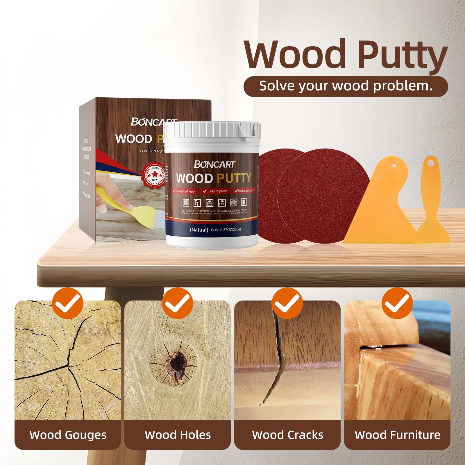 Boncart Wood Filler,Wood Putty,Wood Filler Paintable,Wood Repair Putty Stainable,9.87 Ounce Natual Wood Filler,Wood Furniture Repair Kit,Quickly Repair Any Broken and defective Wooden Furniture