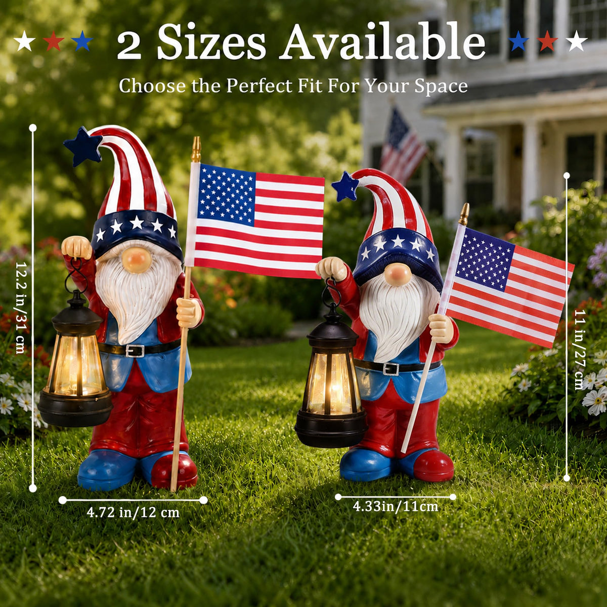 Nacome Solar Patriotic Gnomes Statues with Flag for Garden Decor