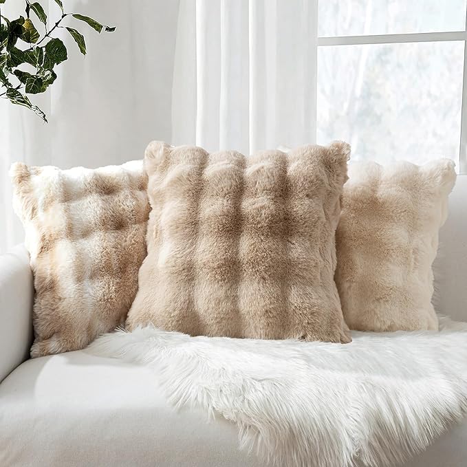 MIULEE Faux Fur Pillow Covers Thick Soft Plush Lumbar Throw Pillows Luxury Home Decor for Couch Bed Bedroom Living Room Sofa,12x20 Inch Pack of 2 Khaki