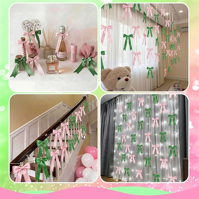 2 Strings Pink & Green Bow Garland Banner Decorations, 16Pcs Pre-Strung Satin Ribbon with 6.7ft Chain for Girls Ribbon Bow Banner Coquette Room Birthday Baby Shower Bachelorette Wedding Party Decor