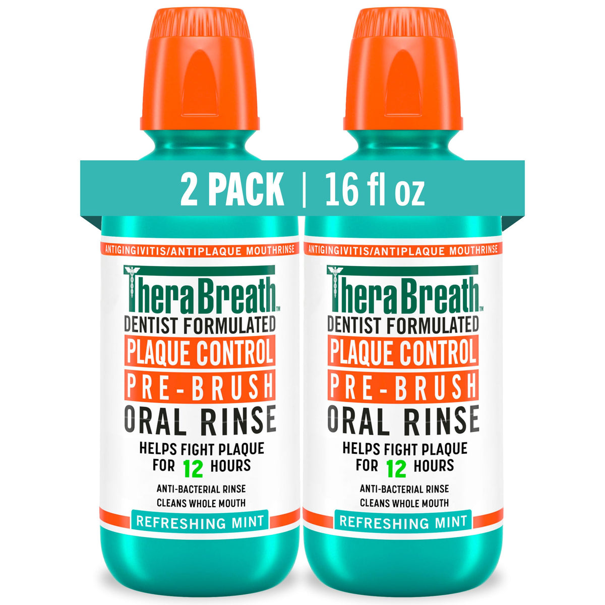 TheraBreath Plaque Control Pre-Brush Oral Rinse, Refreshing Mint Flavor, Antigingivitis and Antiplaque Rinse, Dentist Formulated, Alcohol Free, 16 Fl Oz (Pack of 2)