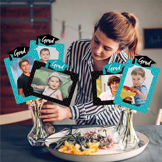 Big Dot of Happiness Teal Graduation Photo Display Centerpiece Kit - 15 Double-Sided Photo Table Topper Sticks, Vertical and Horizontal 4x6 Picture Holders, DIY Party Decoration Set