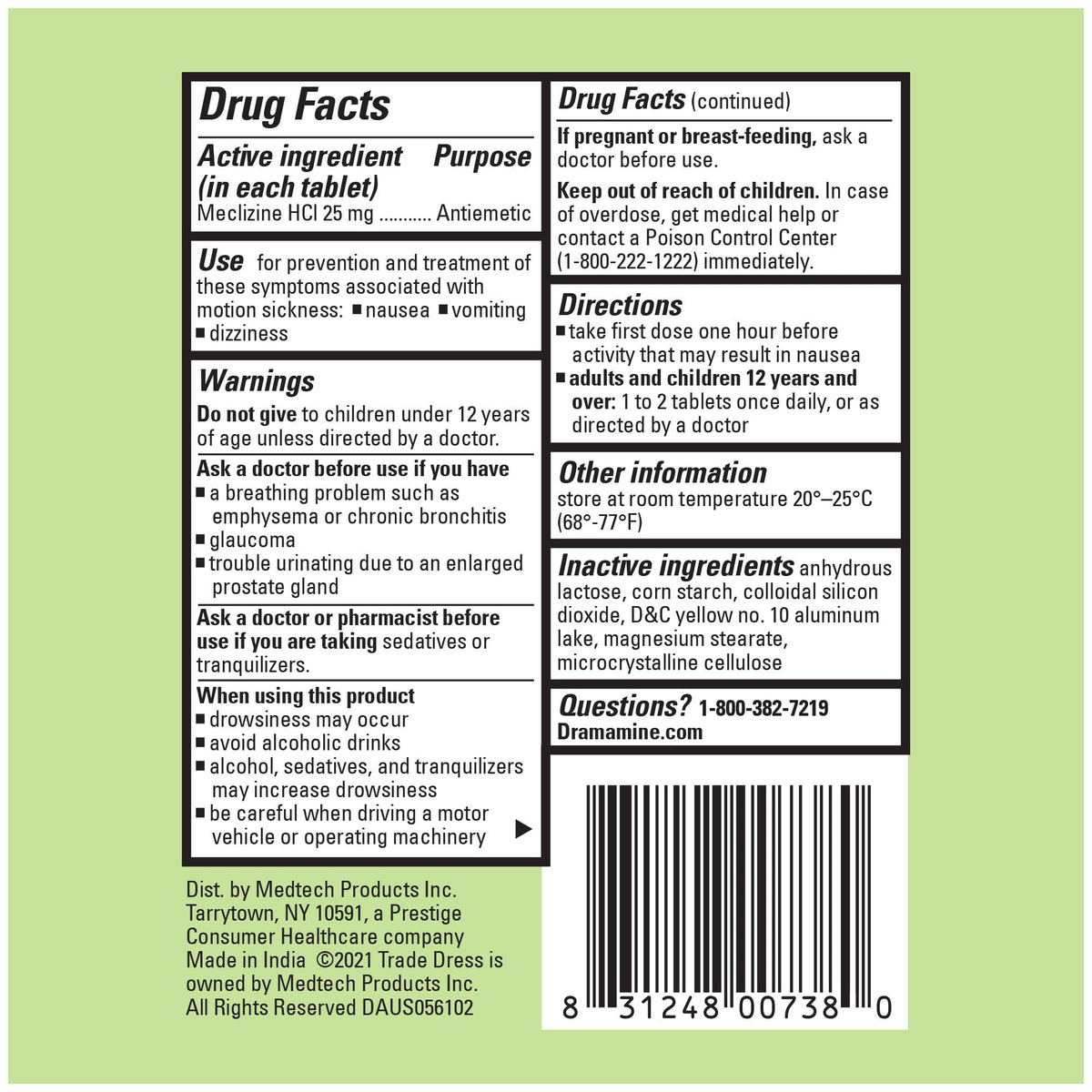 Dramamine Nausea Relief, with Meclizine HCl for Long-Lasting Relief of Nausea, Vomiting & Dizziness, 10 Tablets, Pack of 4