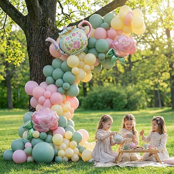 Spirng Tea Party Balloon Garland Kit Pastel sage green pink balloons With Teapot & Rose mylar balloons for outdoor garden Let's Par Tea Girls Birthday Alice in Wonderland decorations