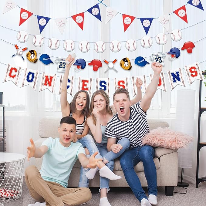 Pre-Strung Baseball Party Decorations with Concessions Banner, Sports Themed Birthday Supplies, Triangle Bunting Pennant Flag