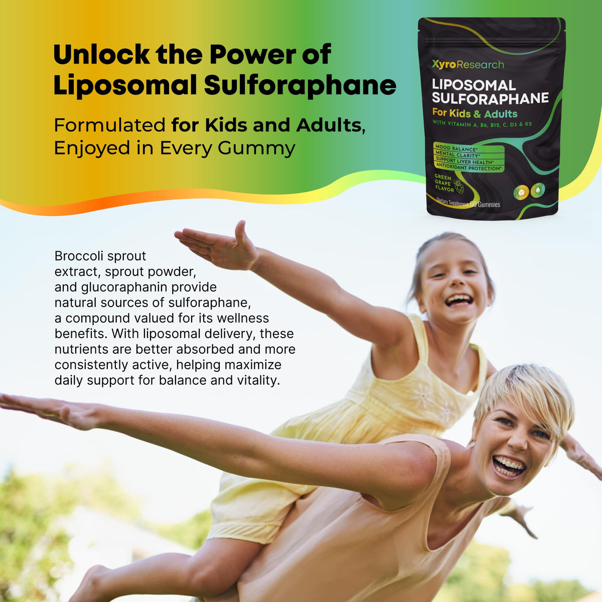 Xyro Research Liposomal Sulforaphane Gummies - 150mg Broccoli Sprout Extract with Vitamins Supplement for Kids Adults - Antioxidant Cellular Health & Liver Detox Support - Non-GMO Vegan Sugar-Free