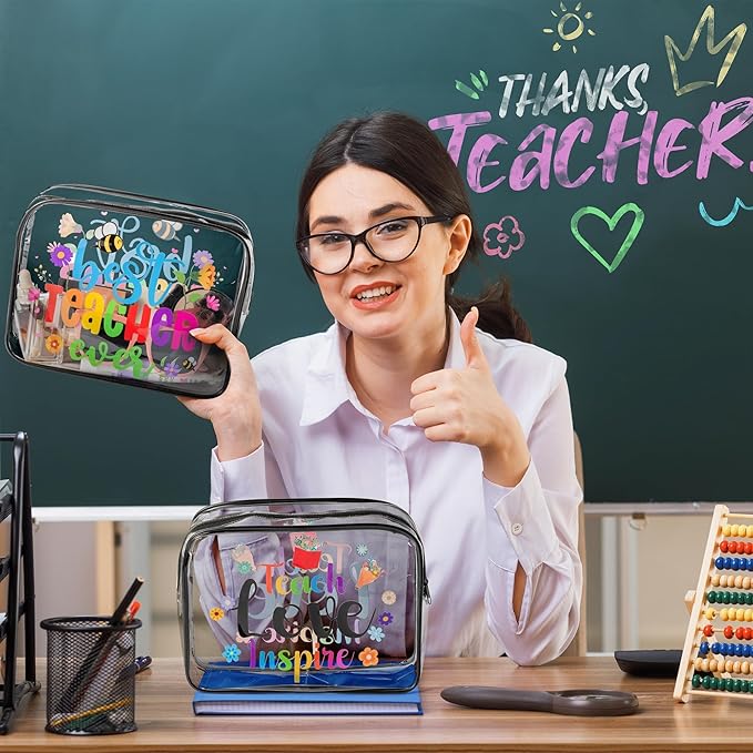 Y1tvei Big Makeup Bags Keychains Kit Gift for Teacher Appreciation- Best Teacher Ever 4 Clear Cosmetic Bags with 4 Apple Keychains, Waterproof Travel Toiletry Pouch Graduation Thank You Teacher Gift