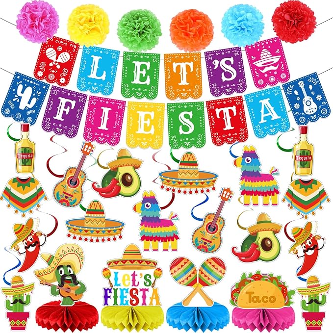 Mexican Fiesta Party Decorations Set - 27 PCS Let's Fiesta Banner, Colorful Paper Pom Poms, Hanging Swirls & Table Centerpieces - Perfect for Cinco de Mayo, Taco Tuesday, Birthday & Graduation