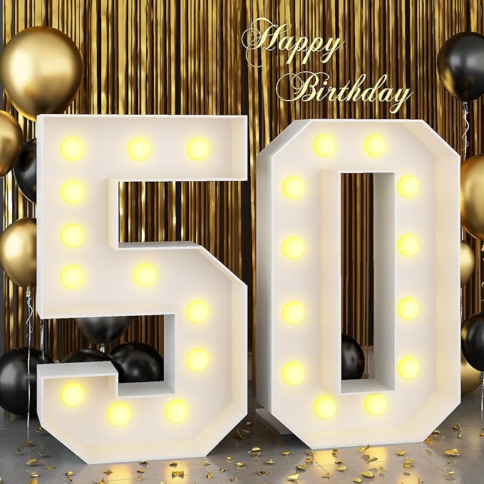 4ft Light Up Numbers Marquee 50 Numbers with Lights White Slots-in Frame for Men Women 50th Birthday Party Decorations Pre-Cut Mosaic Cardboard Large Cut-Out Thick Foam Board Sign Anniversary