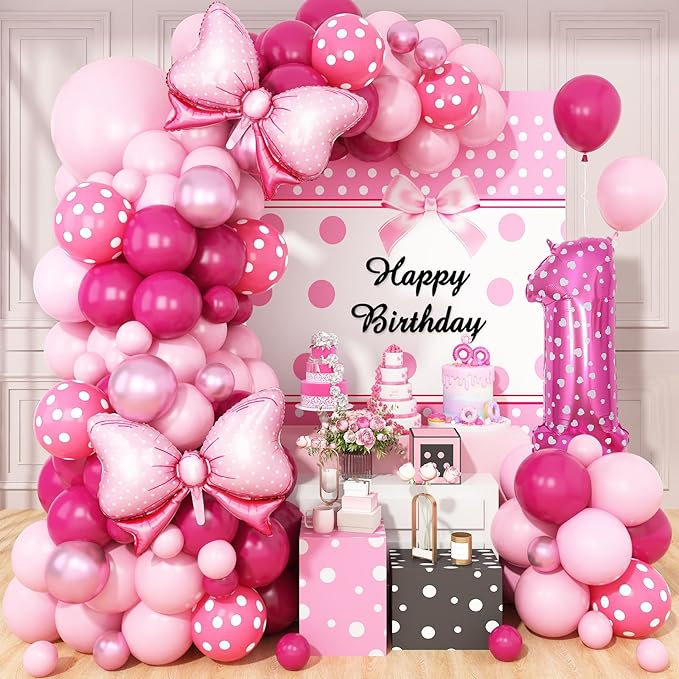 Pink 1st Birthday Balloons Decorations, Hot Pink Rose Polka Dots Balloons Arch Kit, Huge Bow Foil Ballons, Pinks Number 1 Balloon Tower for Baby Shower Girls Princess 1st Theme Party