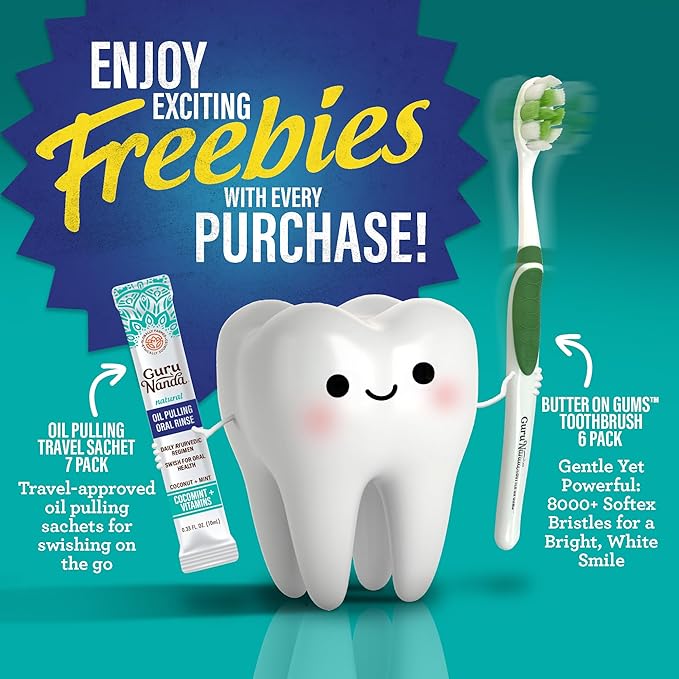 GuruNanda Total Smile Makeover Kit Regular with Cocomint Oil Pulling, Dual Barrel Whitening Mouthwash, Whitening Strips & Butter on Gums Toothbrushes