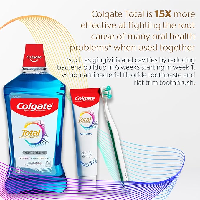 Colgate Total Alcohol Free Mouthwash, Non Burning Peppermint for Bad Breath, Helps Prevent Gingivitis and Plaque, No-Alcohol Mouthwash, Peppermint, 1.0 L