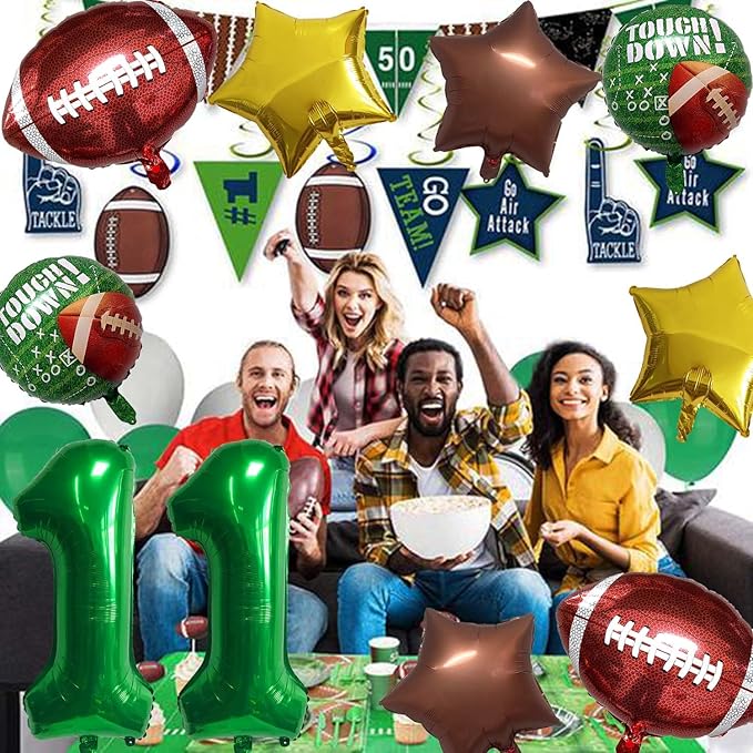 Football Balloons Foil Football Birthday Decorations Balloons Green Number 11 Balloon Gold Brown Star Touchdown Ballons for Rugby Birthday Decorations Sports Ballons Arch Kits Party Balloon Sets 10pcs