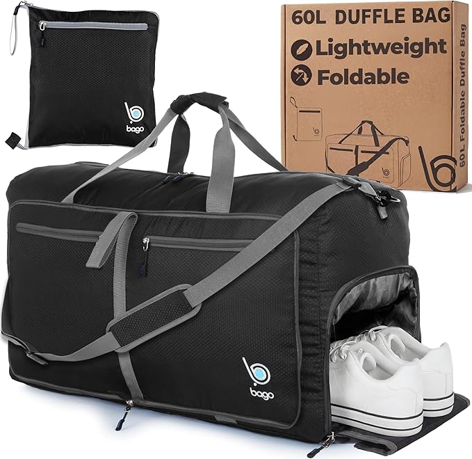 Bago Medium Duffle Bag for Travel Women & Men. Durable Lightweight Foldable Travel Duffel Bags For Traveling Women. 60L Duffle Bags For Overnight Bag With Shoe Compartment Collapsible Weekender duffel
