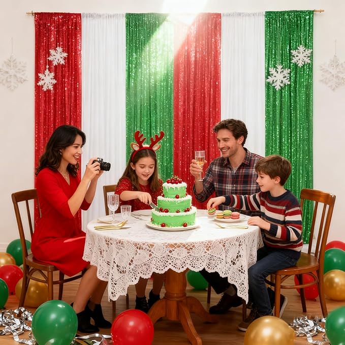 Red Curtains Birthday Sequin Backdrop, 3 Pack 2ft x 8ft Party Photography Background Drapes Christmas Decorations