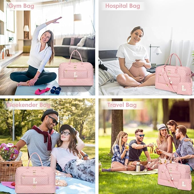 Initial Travel Duffle Bag for Women - Pink Personalized Weekender bags Overnight Bag with Shoe Compartment & Wet Pocket Weekend Tote Bags with Toiletry Bag Monogram Christmas Gifts (Letter L)