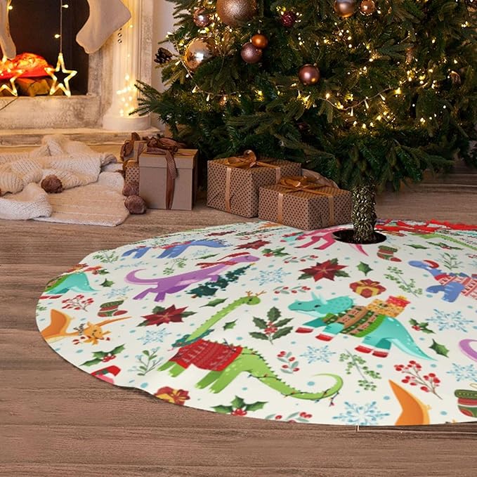 Cute Dinosaur Christmas Tree Skirt Xmas Tree Mat Halloween Christmas Tree Ornaments Decorations Holiday Party Indoor Outdoor 48"