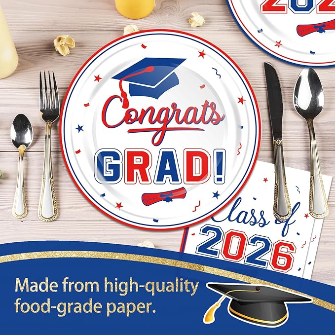 200 Pcs Graduation Table Decorations Party Supplies - Red Blue Graduation Plates and Napkins Class of 2026 Disposable Dinnerware Set for College High School Congrats Grad Party Favors, Serve 50