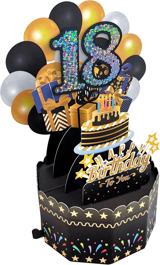18th Birthday Cards 3D Popup Birthday Greeting Cards - Birthday Greeting Card for Girls and Boys, with Blank Note and Envelope Included (Black Gold)
