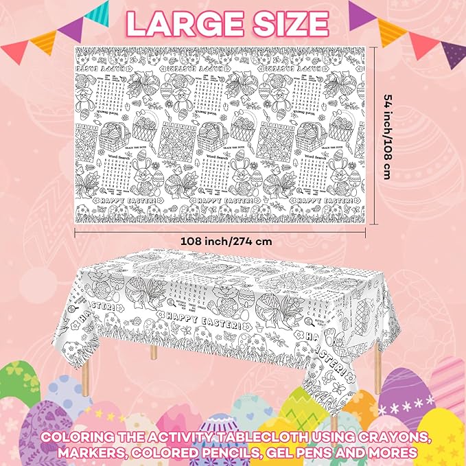 1 Pack Happy Easter Coloring Tablecloth for Kids - Giant Easter Color-in Paper Poster, Rectangle Easter Bunny Activity Coloring Table Cloth for Spring Easters Party Decorations Favors, 54 x 108 Inch