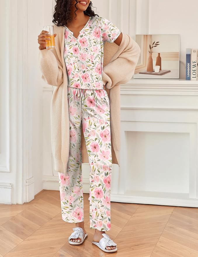 Ekouaer 2 Piece Womens Pajamas V Neck Short Sleeve Top and Long Pants Pjs Print Lounge Set Sleepwear