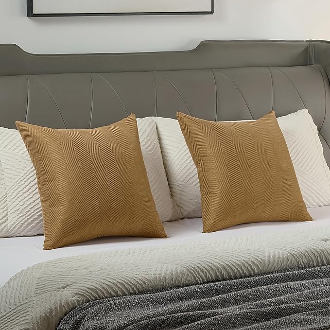 FUTEI Camel Chenille Throw Pillow Covers 18x18 Inch Set of 2,Soft Wide Chevron Textured Cushion Case,Farmhouse Home Decor for Couch Bed Living Room