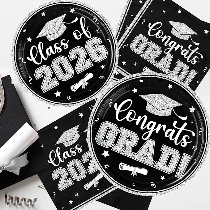 Graduation Plates and Napkins 2026,Black and Silver Graduation Decorations 200pcs Graduation Paper Plates and Napkins Graduation Party Supplies for Graduation Party Decorations,Serve 50