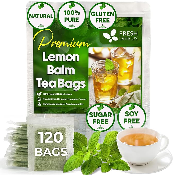 FreshDrinkUS, Premium 120 Lemon Balm Leaf Tea Bags, 100% Natural & Pure from Lemon Balm Leaves. Loose Leaf Lemon Balm Herbal Tea. Lemon Balm Leaf Tea. No Sugar, No Caffeine, No Gluten, Vegan. Lemon Balm Tea