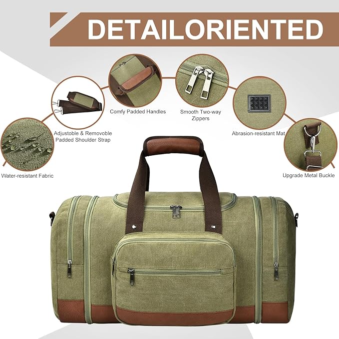 Litvyak Duffle Bag for Travel, 50L Canvas Travel Duffel Bags Overnight Weekend Gym Carry On Luggage Bag for Men & Women(Army Green)