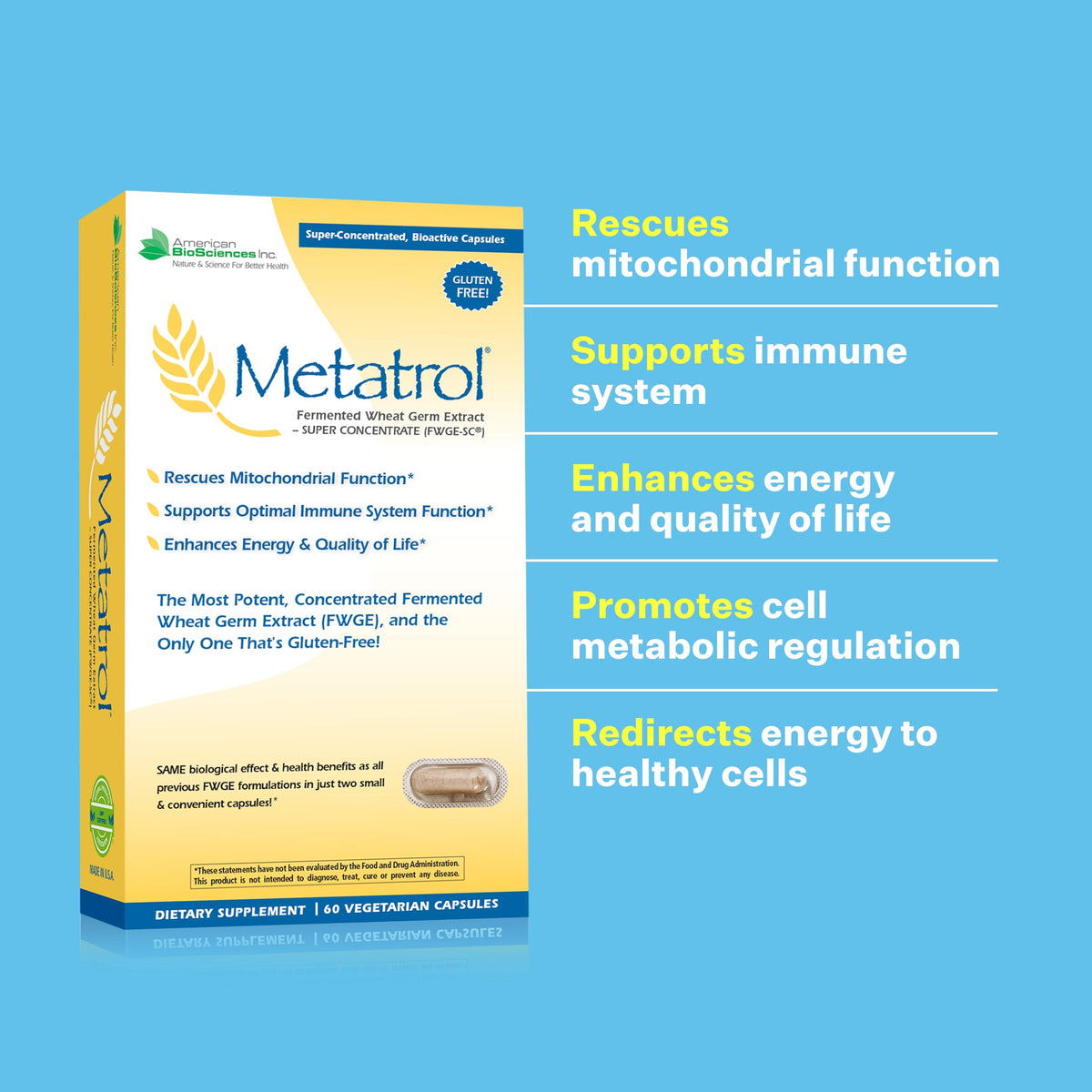 American BioSciences Metatrol Fermented Wheat Germ Extract - Immune & Mitochondria Support for Renewed Vitality & Enhanced Energy - Gluten Free - 60 Vegetarian Capsules, 41mg