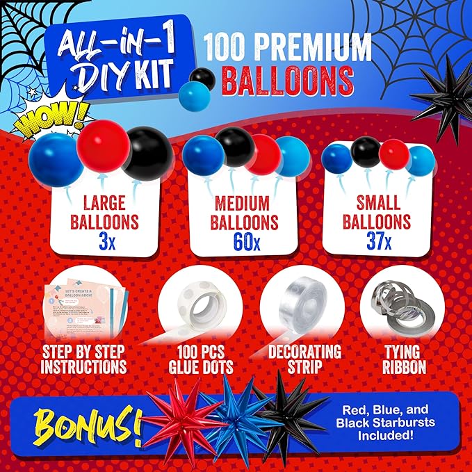 ALL-IN-1 Spider Balloon Arch Kit with BONUS Starburst for Spidy Birthday Decorations - Red Blue Spider Balloons for Spidy Man Party Decorations - Miles Birthday Decoration, Spidey Balloons