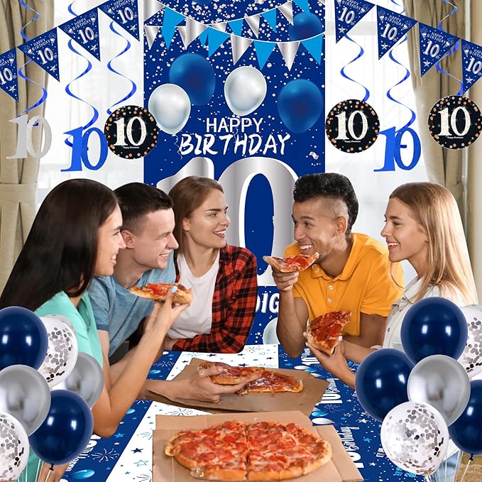 10th Birthday Decorations for Boys Girls, Blue Silver 10th Birthday Decorations Backdrop with Happy 10th Birthday Banner, Number 10 Hanging Swirls, Triangle Flag, 10 Years Old Party Decor Supplies