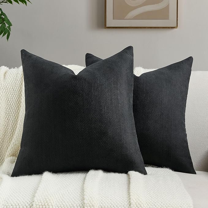 FUTEI Black Chenille Throw Pillow Covers 16x16 Inch Set of 2,Soft Wide Chevron Textured Cushion Case,Farmhouse Home Decor for Couch Bed Living Room