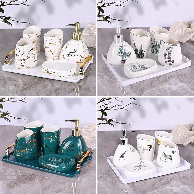 Green Bathroom Accessories Set,Gold Marble Look Bathroom Decor,Modern 6 Piece Bathroom Accessory Set,Complete with Soap Dispenser,Toothbrush Holder,Tumbler,Tray Countertop