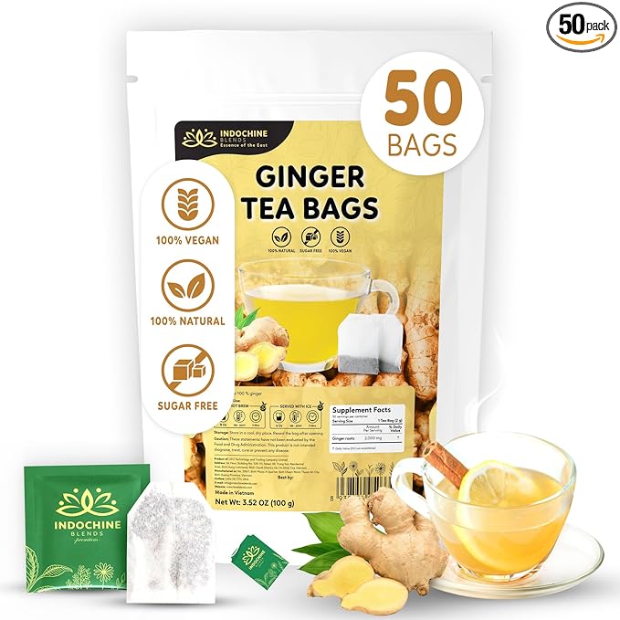 Indochine Blends Ginger Tea Bags | 100% Pure Ginger Root | Sugar-Free, Caffeine-Free Herbal Tea | Double Chamber, Individually Wrapped Bags| Rich in Natural Goodness and Flavor | 3.5 oz | 50 Tea Bags