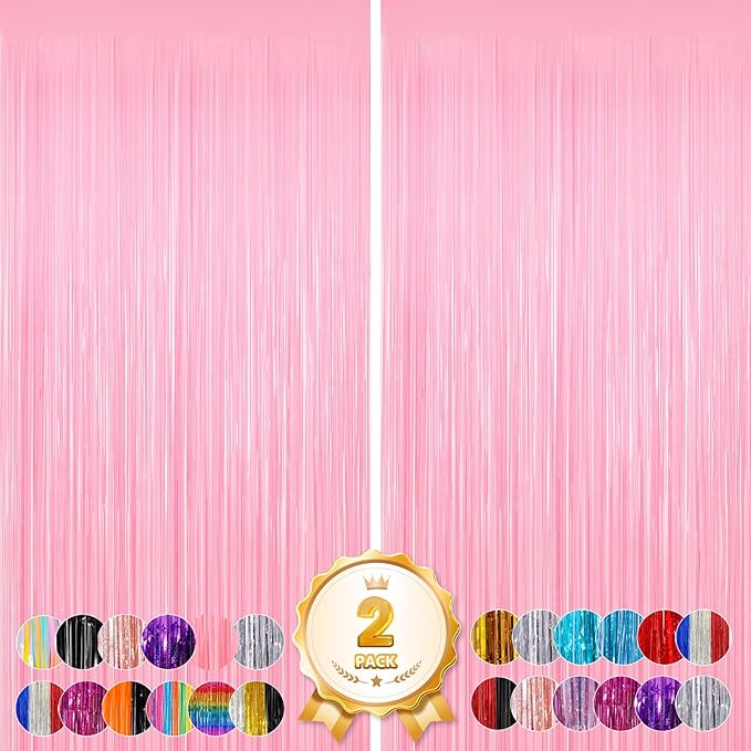 2Pack Pink Foil Curtain Pastel Pink Backdrop Streamers, Door Streamers Photo Booth Backdrop for Birthday Wedding Party, Metallic Tinsel Foil Fringe Curtains for Bachelorette Xmas Party Decorations