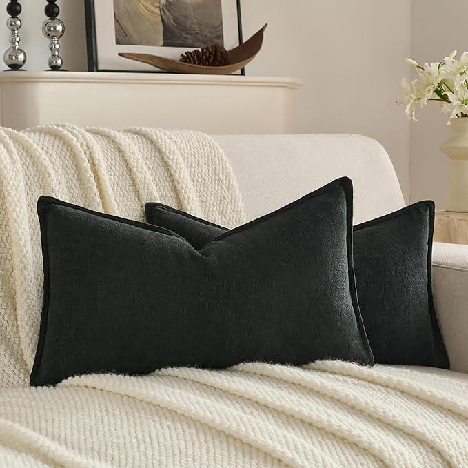 FUTEI Black Chenille Throw Pillow Covers 12x20 Inch Set of 2,Edges Double-Stitched Lumbar Pillow Cases,Modern Home Decor for Couch Living Room