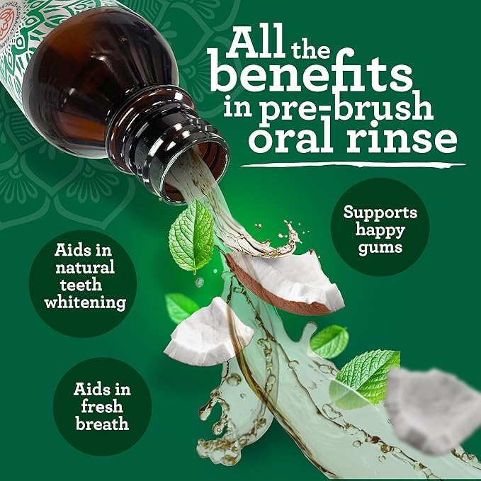 GuruNanda Starter Pulling Oil Mouthwash for Natural Teeth Whitening, Coconut and Peppermint Oil for Fresh Breath & Happy Gums, with Toothbrush & Tongue Scraper, Alcohol-Free, 8 Oz