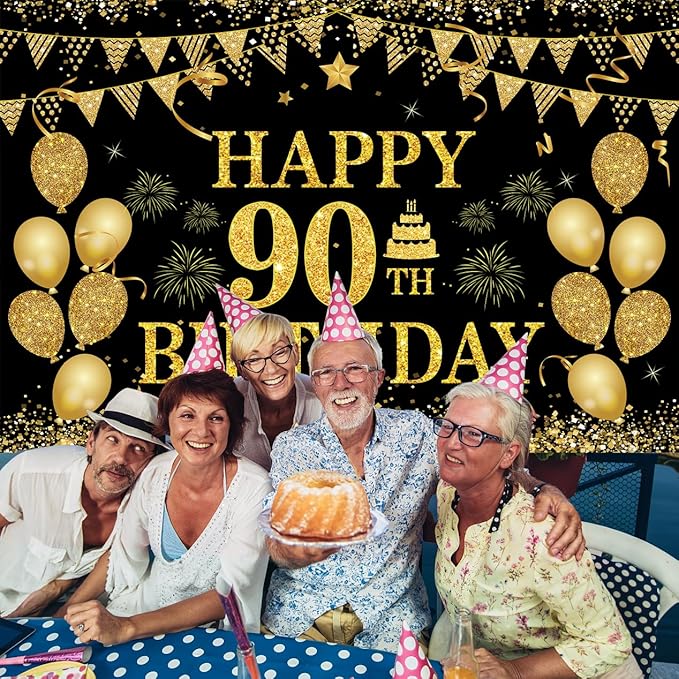 90th Birthday Decorations for Women Men - Happy 90th Birthday Banner Decorations Black Gold Welcome Background Sign for Cheers 90 Years Birthday Party Supplies Decor Indoor Outdoor (71 x 45 inch) ﻿